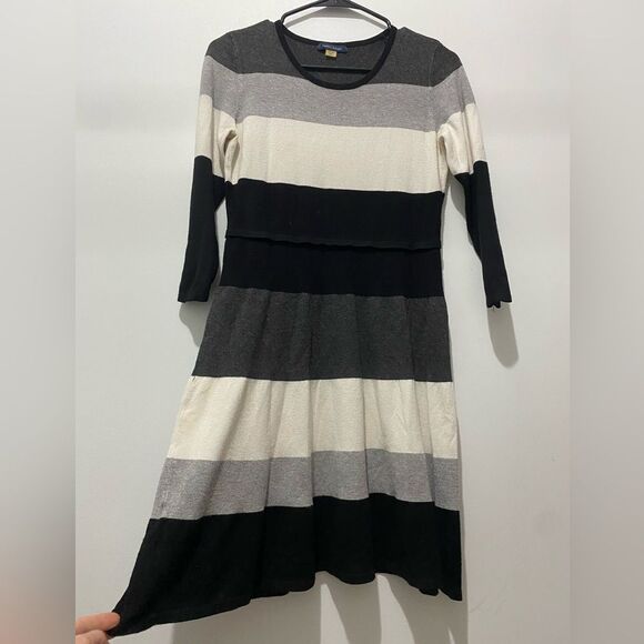 Tommy Hilfiger Black and White Fit and Flare Long Sleeve Dress - Picture 1 of 6